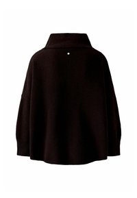 Schwarzer, übergroßer Pullover mit hohem Kragen, gerippten Bündchen und einem kleinen silbernen Punktdetail auf dem Rücken. Weiche Textur, lockere Passform.