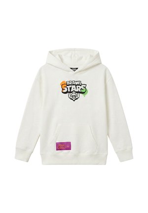 Sweat à capuche blanc avec le logo Brawl Stars en orange, noir et vert sur la poitrine et un patch violet Brawl Stars sur la poche avant.