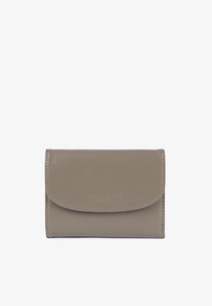 Light gray leather wallet with a smooth texture, rounded flap, and embossed logo. Compact rectangular shape, minimalistic design.