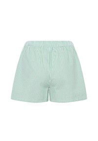 Pantaloni corti a strisce verdi e bianche con elastico in vita e vestibilità rilassata, realizzati in tessuto leggero. Nessuna tasca visibile.