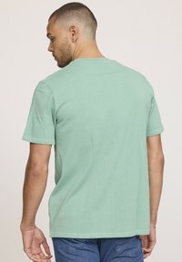 T-shirt en coton vert menthe avec un col rond, des manches courtes et une coupe droite, présentant des coutures minimales et une texture douce.