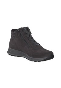 Baskets montantes pour hommes en suède gris foncé, dotées d'une fermeture éclair sur le côté, de lacets et d'une semelle rembourrée pour le confort et le soutien.