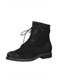 Botas negras hasta el tobillo de ante con puntera redondeada, diseño de cordones y detalles de costura texturizada. Tacón bajo de goma y suela flexible.
