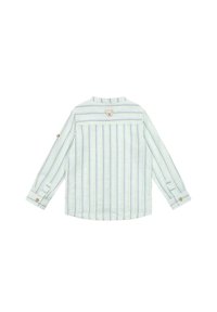 Camicia button-up con righe verticali in azzurro chiaro e verde. Tessuto morbido con una patch a forma di orso sulla schiena. Maniche lunghe con polsini a bottone.