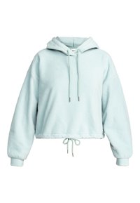 Sudadera recortada de felpa azul claro con cordón en el bajo, ajuste oversize y bolsillo delantero. Presenta una capucha y detalles en los puños de canalé.