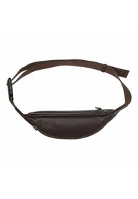 Marsupio in pelle marrone con una forma curva, dotato di un unico scomparto con zip e una tracolla regolabile per un indosso sicuro.