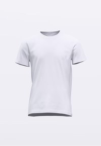 Bela kratka majica s kratkimi rokavi, okrogel izrez, iz bombaža, gladke teksture, običajnega kroja, brez vzorcev ali okraskov.