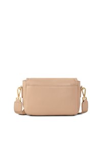 Borsa a tracolla in pelle beige con texture a rilievo, dotata di chiusura con zip, tracolla regolabile e dettagli in metallo color oro.