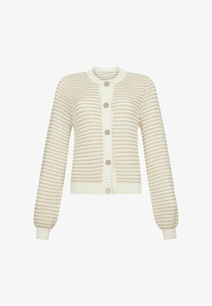 Gehaakte cardigan met een crèmekleurig en beige gestreept patroon, voorzien van een ronde halslijn, vijf knopen aan de voorkant en geribbelde manchetten.