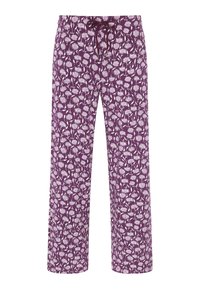 Paarse pyjamabroek met een wit bloemenpatroon. Gemaakt van zachte stof, met een elastische tailleband en een koordje voor een verstelbare pasvorm.