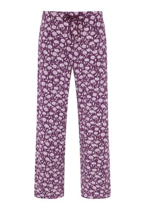 Paarse pyjamabroek met een wit bloemenpatroon. Gemaakt van zachte stof, met een elastische tailleband en een koordje voor een verstelbare pasvorm.