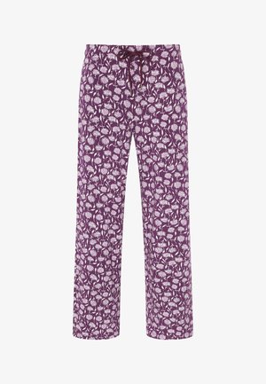 Lila pyjamasbyxor med ett vitt blommönster. Tillverkade av mjukt tyg, med en elastisk midja och dragsko för justerbar passform.