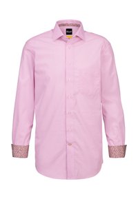 Camicia a maniche lunghe rosa con taschino, caratterizzata da polsini decorati in un colore a contrasto. Realizzata in tessuto intrecciato con una superficie liscia.