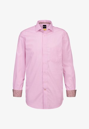 Camicia a maniche lunghe rosa con taschino, caratterizzata da polsini decorati in un colore a contrasto. Realizzata in tessuto intrecciato con una superficie liscia.