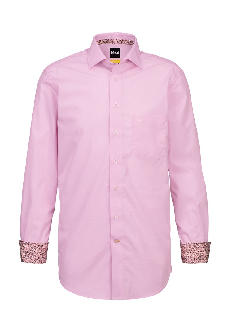 Camicia a maniche lunghe rosa con taschino, caratterizzata da polsini decorati in un colore a contrasto. Realizzata in tessuto intrecciato con una superficie liscia.