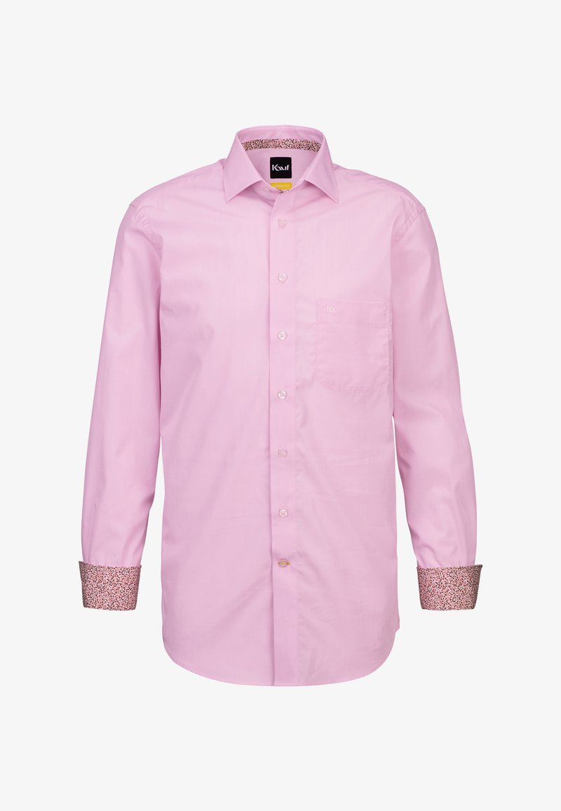 Camicia a maniche lunghe rosa con taschino, caratterizzata da polsini decorati in un colore a contrasto. Realizzata in tessuto intrecciato con una superficie liscia.