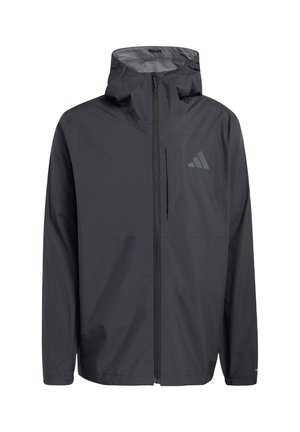 Μαύρο ελαφρύ μπουφάν με κουκούλα από υδροαπωθητικό ύφασμα, με εμπρόσθιο φερμουάρ, τσέπη στο στήθος και διακριτικό σχέδιο λογότυπου.