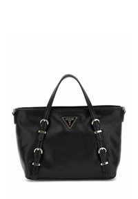 Borsa tote in pelle nera con texture, accessori in argento, manici doppi e logo a triangolo sul davanti. Presenta un dettaglio con tracolla regolabile.