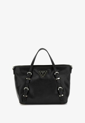 Borsa tote in pelle nera con texture, accessori in argento, manici doppi e logo a triangolo sul davanti. Presenta un dettaglio con tracolla regolabile.