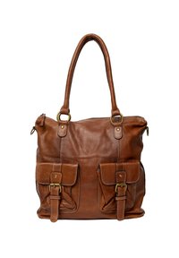 Borsa a tote in pelle marrone con due tasche frontali, accessori in oro e doppi manici. Texture liscia con dettagli di cucitura visibili.