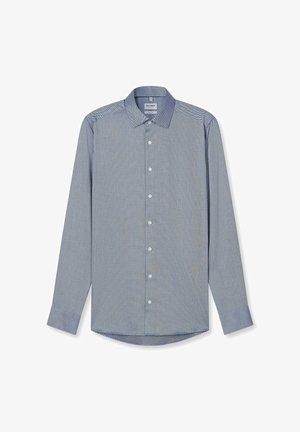 Blue and white patterned long-sleeve shirt with a button-down collar, front buttons, and rounded hem. Smooth fabric texture.