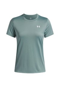 Lichtgroen T-shirt met korte mouwen van een gladde, ademende stof. Heeft een ronde hals en een klein wit logo op de linkerborst.