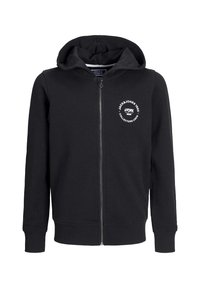 Schwarze Zip-Hoodie aus Baumwolle mit Logo-Druck auf der Brust, Kängurutasche und gerippten Bündchen und Saum.
