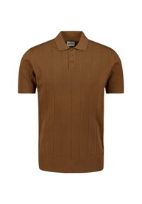 Bruin gebreid polo shirt met een gestructureerd verticale streep patroon, drie knoopsluiting en geribbeld hem en mouwen.