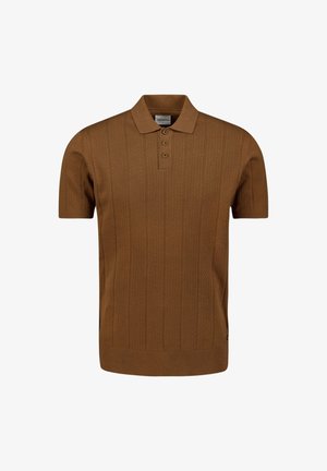 Bruin gebreid polo shirt met een gestructureerd verticale streep patroon, drie knoopsluiting en geribbeld hem en mouwen.