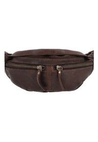 Rjava usnjena pasna torbica z dvema sprednjima žepoma z zadrgo in dolgimi usnjenimi zadrgnimi potegami, na belem ozadju.