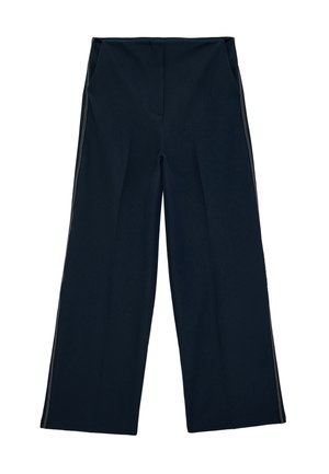 Pantalones negros de pierna ancha con bolsillos en las costuras laterales y sutiles detalles de costura blanca a lo largo de los lados exteriores, parte delantera plana, sin cierre visible.