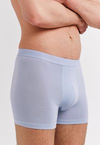 Helle blaue Herrenboxershorts aus glattem Stoff, ausgestattet mit einem bequemen elastischen Taillenbund mit eingeprägtem Logo und einer eng anliegenden Passform.