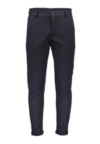 Marineblaue, schmal zulaufende Hose aus einem weichen Material, mit einem Knopfverschluss vorne, Gürtelschlaufen und umgeschlagenen Säumen für ein ordentliches Finish.