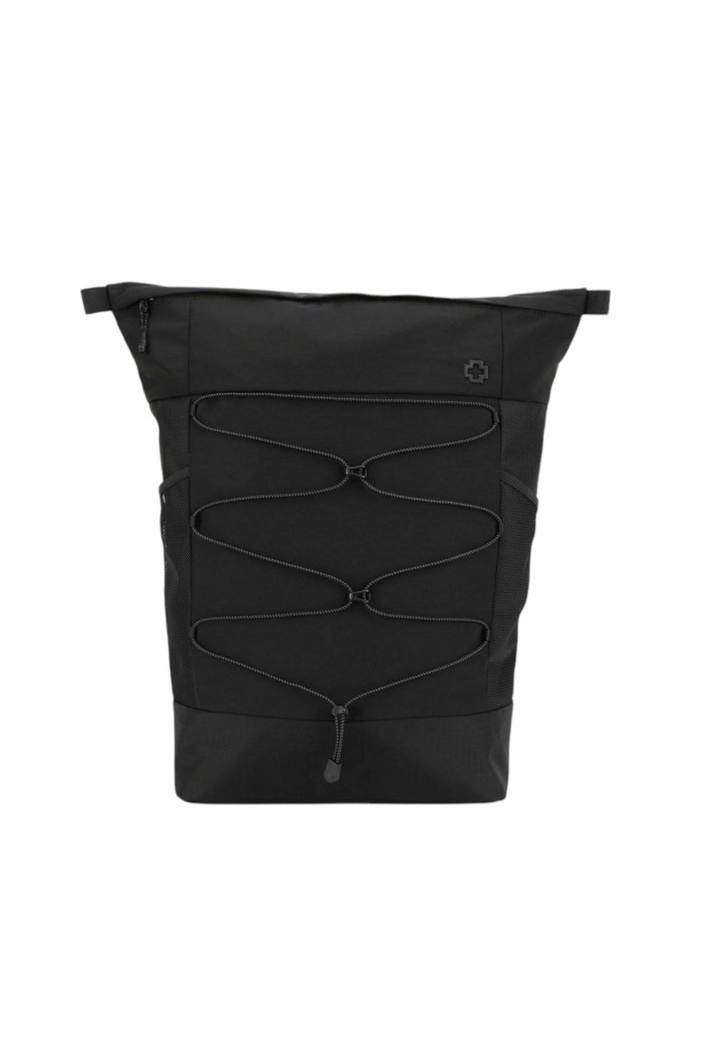 Zaino nero con forma rettangolare alta, design con corda elastica bungee sulla parte anteriore e una tasca laterale con zip per lo stoccaggio.