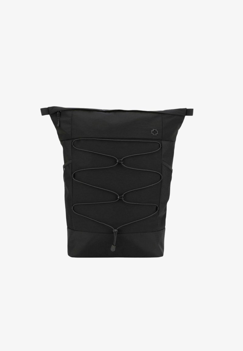 Zaino nero con forma rettangolare alta, design con corda elastica bungee sulla parte anteriore e una tasca laterale con zip per lo stoccaggio.