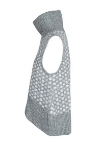 Gilet grigio a maglia con colletto alto, caratterizzato da un motivo testurizzato di grigio più chiaro sulla parte anteriore e bordi a costine all'orlo e alle maniche.