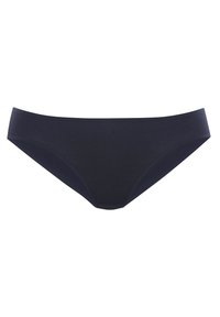 Črne bombažne bikini hlačke z gladko teksturo, nizkim pasom in minimalnim šivanjem. Imajo brezšivni pas in odprtine za noge.
