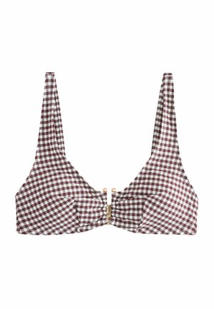 Braun-weiß kariertes Bikinioberteil mit breiten Trägern und zentralem Verschluss vorne.