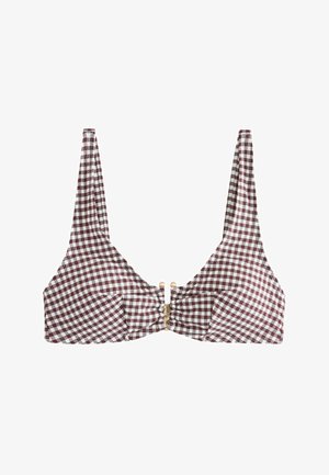 Braun-weiß kariertes Bikinioberteil mit breiten Trägern und zentralem Verschluss vorne.