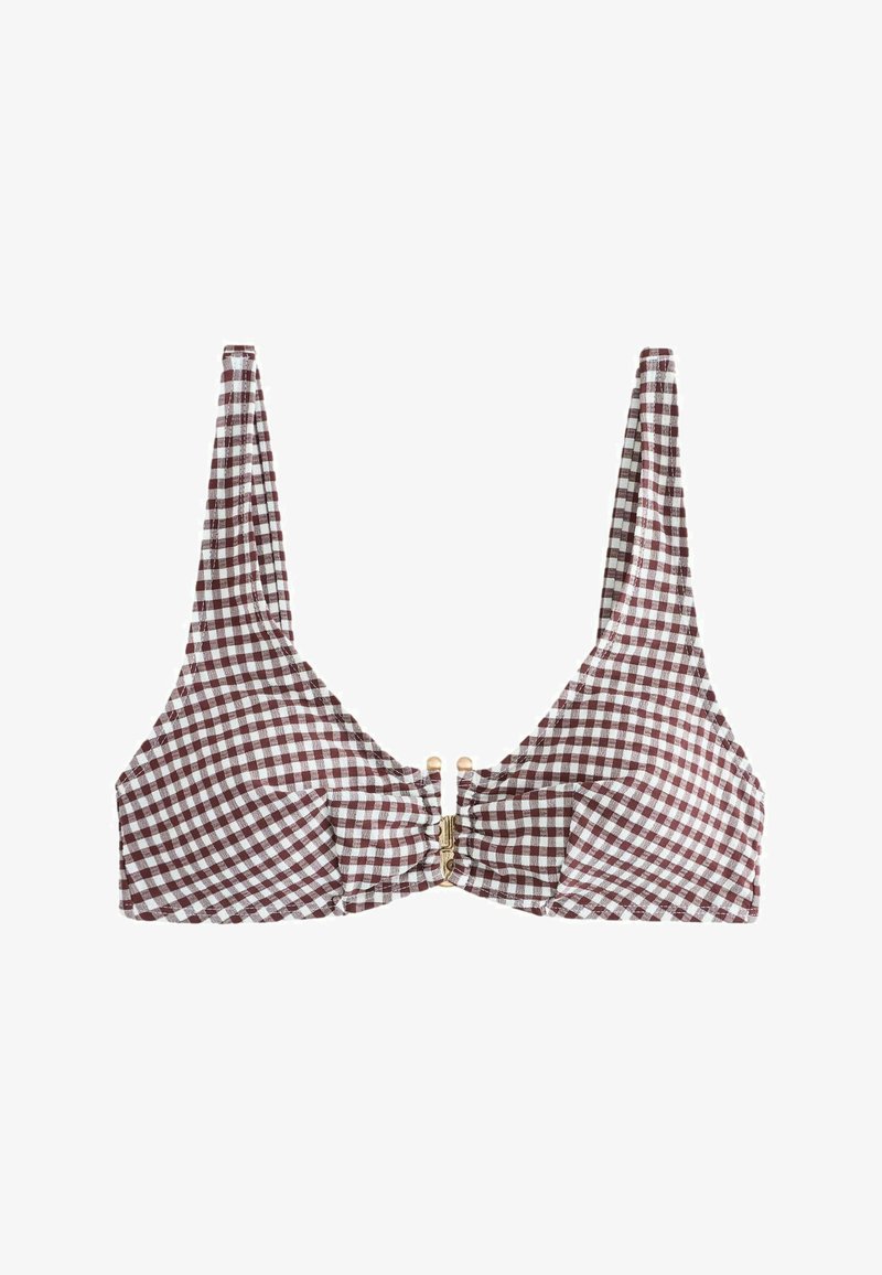 Haut de bikini à carreaux marron et blanc avec larges bretelles et fermeture centrale devant par clip.