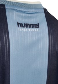 Mörkblå och ljusblå sporttröja med vertikala ränder, en ribbad krage och "hummel SPORTSWEAR"-logotyp tryckt på baksidan.