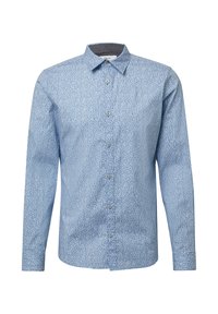 Jasnoniebieska koszula z długim rękawem w kwiatowy wzór, z kołnierzykiem na guziki i prostym krojem. Wykonana z tkaniny o gładkiej fakturze.