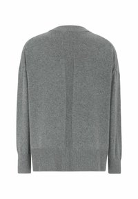 Grauer Pullover mit lockerer Passform, geripptem Saum und Rückendetails mit vertikalen Nähten. Hergestellt aus weichem, strukturiertem Stoff.