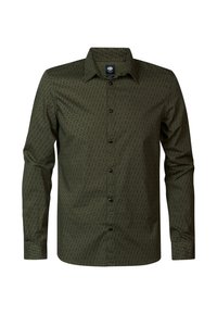 Camisa de manga larga verde con estampado, confeccionada en un tejido texturizado. Presenta un cierre delantero con botones y botones negros, además de un cuello.
