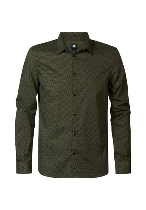 Cămașă lungă cu mâneci, verde cu model, fabricată dintr-un material texturat. Prezentă un sistem de închidere cu nasturi și nasturi negri, având guler.