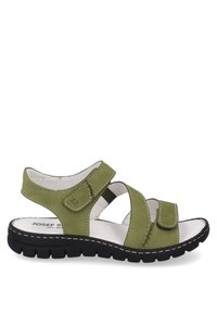 Grüne Leder-Sandalette mit verstellbaren Riemen, gepolstertem Fußbett und schwarzer Gummisohle mit strukturiertem Profil für besseren Grip.