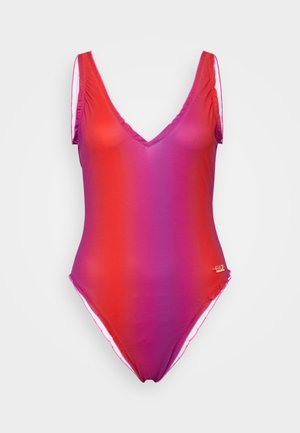 Énatsbadedrakt med V-hals og volangermet stoff. Fargegradient fra rød til lilla, med en liten logoaksent.