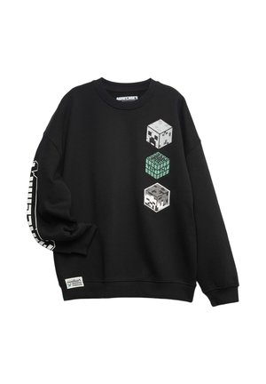 Sort sweatshirt med tre pixelated Minecraft-kube grafik på brystet samt Minecraft-logo og tekst på venstre ærme og nederste kant.