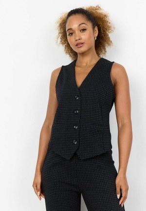 Black vest with a houndstooth pattern, sleeveless design, V-neckline, and five front buttons. Features a tailored fit and side pockets.