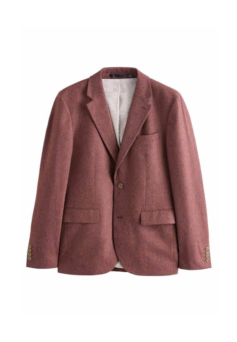 Blazer en laine bordeaux avec des revers structurés, deux poches avant et des poignets à boutons. Dispose d'une doublure intérieure légère.